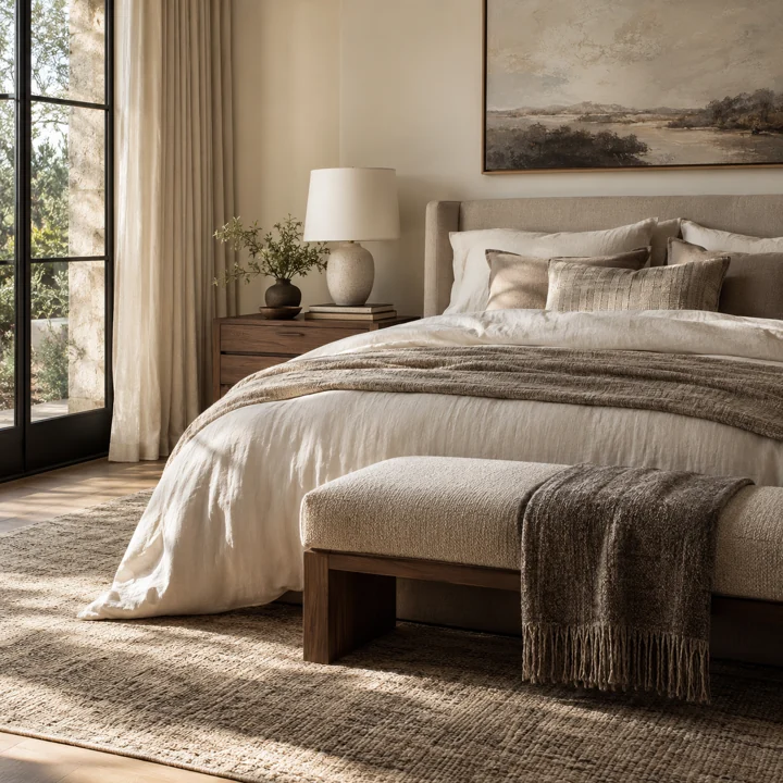 Layered ivory bedding in a warm, restful bedroom
