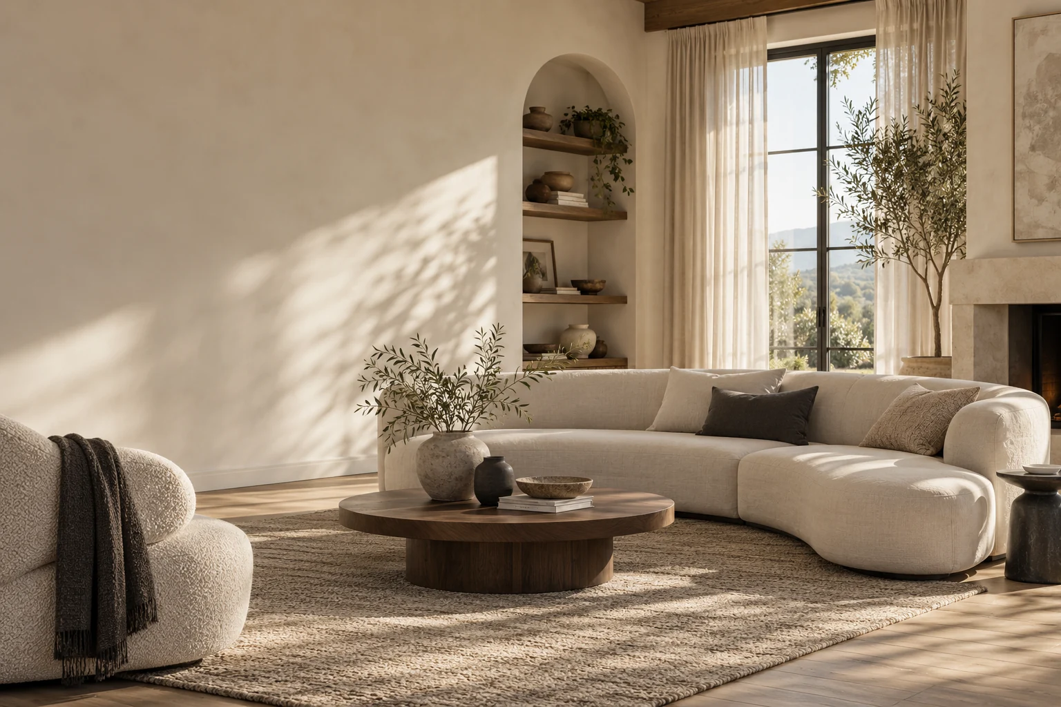 A warm neutral living room with natural textures and walnut furniture